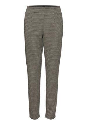 Hlače s kariranim uzorkom u crnoj i bijeloj boji, s uskim nogavicama, ravnim prednjim dijelom i dva bočna džepa. Mekana tekstura tkanine.