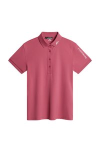 Roze polo met een gladde stof, voorzien van een knoopsluiting bij de kraag, korte mouwen en logo-accenten op de schouder en kraag.
