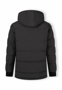 Črna puff jakna s kapuco, z ikonico zasnovo, gladko teksturo in elastičnimi manšetami. Hrbtna stran je enostavna brez vidnih logotipov.