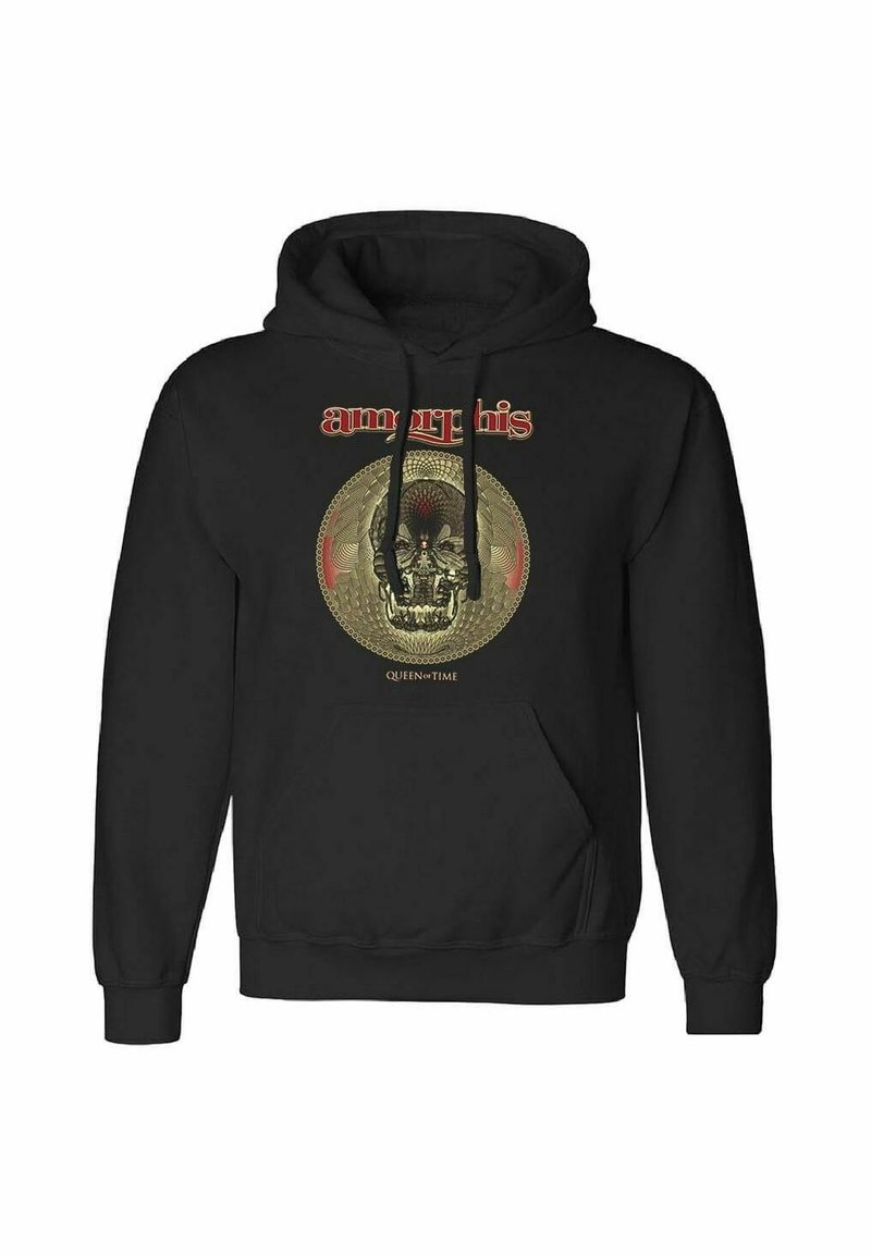 Felpa nera con cappuccio che presenta una grafica di teschio dorato con dettagli intricati, e il testo "amorphis" e "QUEEN of TIME" attorno ad essa.