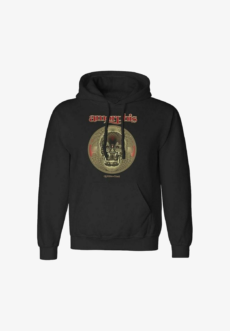 Felpa nera con cappuccio che presenta una grafica di teschio dorato con dettagli intricati, e il testo "amorphis" e "QUEEN of TIME" attorno ad essa.
