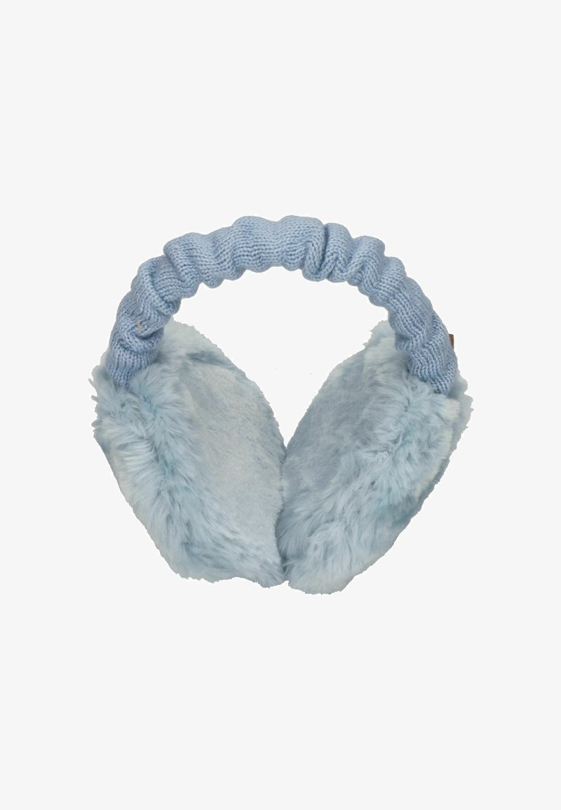 Helle blaue Ohrenschützer mit weichen, künstlichen Fell-Ohrmuscheln und einem strukturierten Strickkopfbada für Wärme und Komfort.