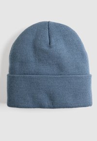 Blue knit beanie with a ribbed texture and a folded cuff at the bottom. Made from a soft, flexible material suitable for cold weather.