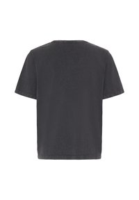 T-shirt noir uni à manches courtes vu de dos, avec un col rond et une couture simple aux manches et à l'ourlet.