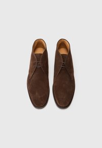 Un paio di stivali desert in suede marrone con due fori per i lacci e lacci marroni scuri, visti dall'alto su uno sfondo bianco.