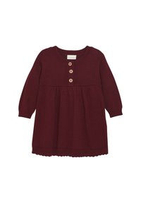 Knielanges burgunderrotes Strickkleid mit langen Ärmeln, rundem Ausschnitt, Knopfleiste und gewellten Saumdetails. Weiche Textur und taillierte Passform.