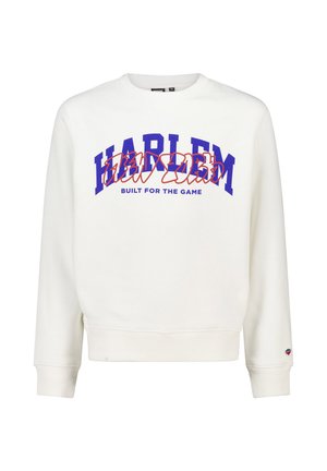 Sudadera blanca de cuello redondo con el texto azul "HARLEM", un superpuesto estilizado en rojo, y la frase "BUILT FOR THE GAME" impresa debajo en la parte delantera.