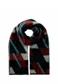 Écharpe en laine dans des tons sombres présentant un motif géométrique de rouges, bleus et gris. Texture douce avec des bords frangés.