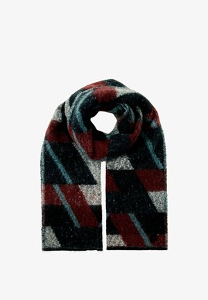 Wool scarf in dark tones featuring a geometric pattern of reds, blues, and grays. Soft texture with fringed edges.