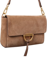 Brown suede handbag with a gold-tone metal ring closure and a detachable strap. Smooth texture and minimalist design. Accented with a logo plate.