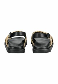 Zwarte sandalen met gevlochten jute banden, een platte rubberen zool en een opvallende gesp. Gevoerde binnenzool voor comfort en duurzaamheid.