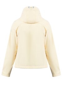 Jachetă galbenă, ușoară, cu glugă, având o textură netedă, cusături plate și un sistem de ajustare cu snur la guler. Vedere din spate.