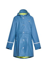 Kék, vízálló esőkabát, kapucnival, patentgombokkal, fehér fényvisszaverő csíkokkal és élénk sárga béléssel. Két oldalsó zseb.