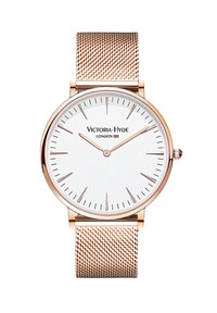 Orologio rotondo con quadrante bianco, indici delle ore in oro rosa e cinturino a rete. Presenta il logo Victoria-Hyde alle 12, design minimalista.