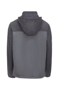 Grijze hoodie met een gladde onderzijde en een gestructureerde bovenkant, voorzien van elastische manchetten en zonder zichtbare hardware of zakken.