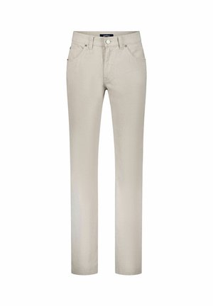 Beige Hose mit geradem Bein, vorn mit Knopf- und Reißverschluss, Gürtelschlaufen und Vordertaschen, vor weißem Hintergrund dargestellt.