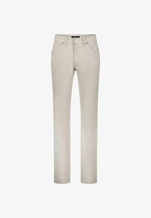 Beige straight-leg pants with front button and zip closure, belt loops, and front pockets, displayed against white background.