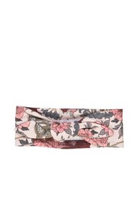 Fascia floreale con design frontale intrecciato. Presenta una base rosa chiaro con motivi floreali in rosso scuro, grigio e rosa. Texture del tessuto morbida.