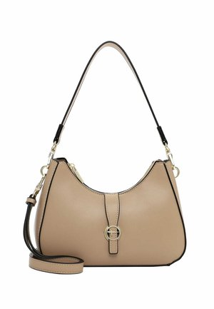 Borsa a mano in pelle color tan con design curvo, rifiniture nere e un'importante chiusura circolare in oro. Include una tracolla removibile.