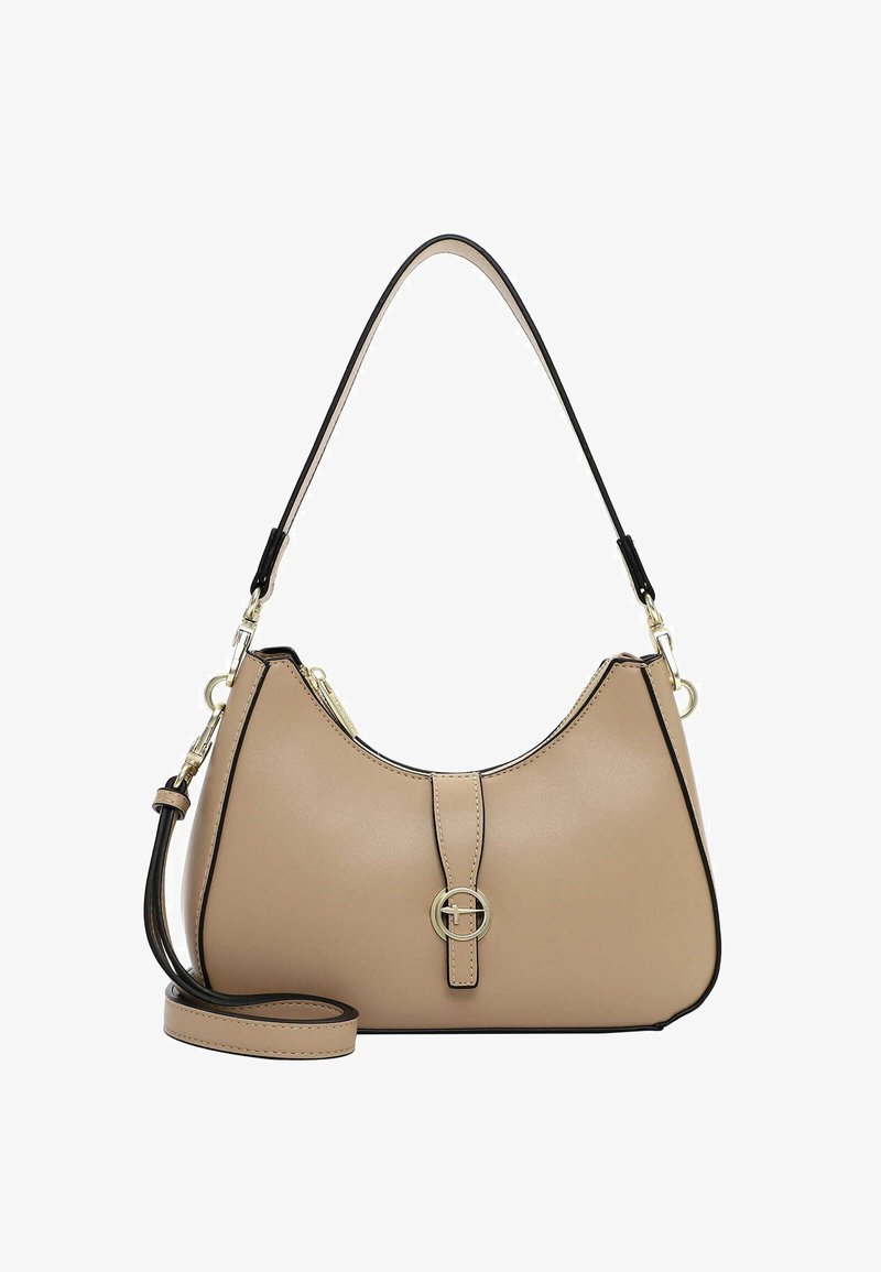 Tasche aus braunem Leder mit geschwungener Form, schwarzen Akzenten und einem auffälligen goldenen runden Hardware-Detail. Mit abnehmbarem Schulterriemen.