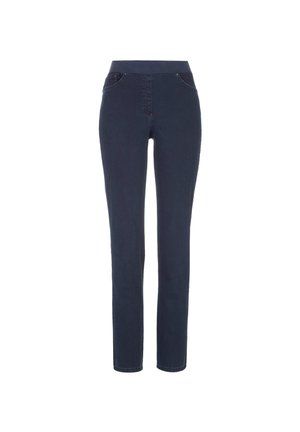 Jean slim fit bleu foncé avec une taille élastique, design à cinq poches et détails brodés. Le matériau semble être du denim avec une texture lisse.