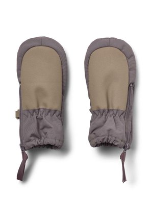 Guanti a manopola grigi e beige, con superficie texturizzata, polsini elasticizzati e cerniere per la chiusura al polso.