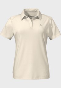 Helles beiges Polo-Shirt aus atmungsaktiven Stoff, mit einer Knopfleiste aus drei Knöpfen und einem kleinen Logo auf der linken Brust. Kurzärmlig.