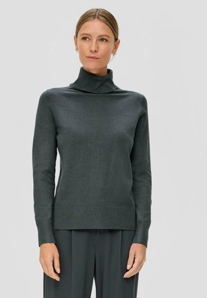 Pull-over col roulé gris foncé en tissu doux, avec des manches longues et un col côtelé. Design simple et ajusté, sans motifs visibles.
