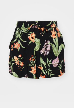 Sorte shorts med et fargerikt blomsterdesign med oransje og grønne elementer, elastisk midjebånd med snøring, og sidelommer.