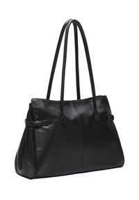 Czarna skórzana torba tote o gładkiej teksturze, z dwoma długimi uchwytami i subtelnymi akcentami po bokach, które definiują kształt. Prostokątny design, pojemne wnętrze.