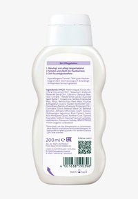 Biała plastikowa butelka o pojemności 200 ml w zakrzywionym kształcie. Etykieta z fioletowymi akcentami, zawierająca składniki i instrukcje użytkowania w języku niemieckim.