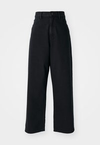 Black wide-leg trousers made of denim. Features a button closure, belt loops, and front pockets with a smooth, slightly textured surface.
