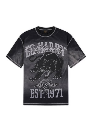 Zwart en grijs Ed Hardy T-shirt met een grommende zwarte panter, rozen en de tekst "Ed Hardy", "Drawn by L.A." en "EST. 1971."