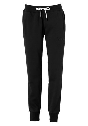 Black sweatpants made of soft fabric, featuring an elastic waistband with a white drawstring and ribbed cuffs. Side pockets included.