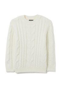 Weißer Kabelstrickpullover mit Rundhalsausschnitt, gerippten Bündchen und Saum, sowie kunstvollen, gedrehten Mustern im gesamten Stoff.