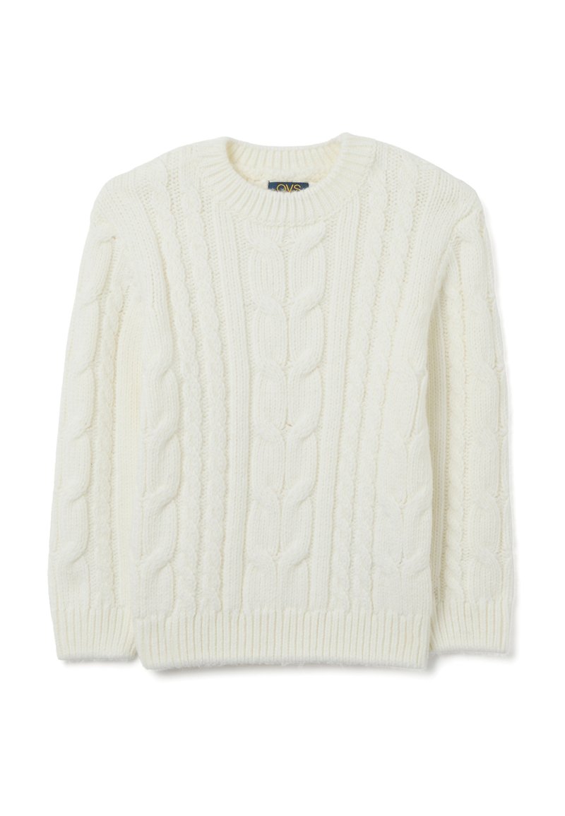 Weißer Kabelstrickpullover mit Rundhalsausschnitt, gerippten Bündchen und Saum, sowie kunstvollen, gedrehten Mustern im gesamten Stoff.