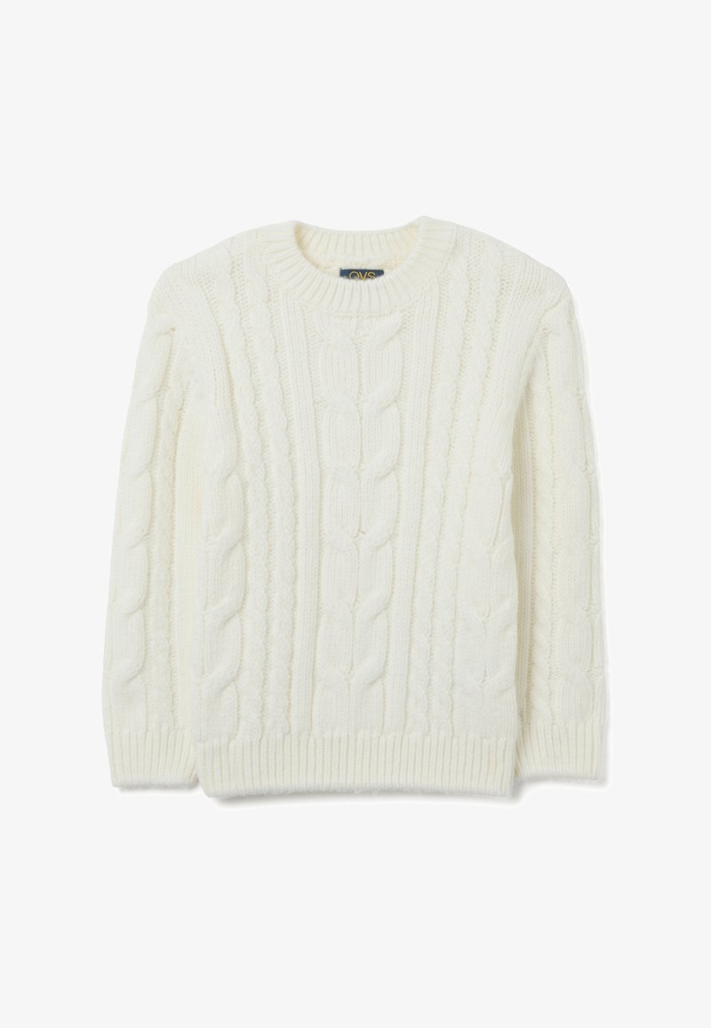 Weißer Kabelstrickpullover mit Rundhalsausschnitt, gerippten Bündchen und Saum, sowie kunstvollen, gedrehten Mustern im gesamten Stoff.