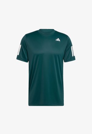 Dark green athletic t-shirt made of moisture-wicking material, featuring a crew neck, short sleeves, and white logo accents on the shoulders.