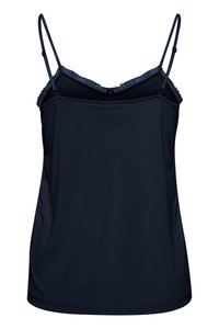 Camisole azul marino con finas tirantes ajustables, con un borde de encaje a lo largo del escote y fabricada con un tejido suave y ligero.