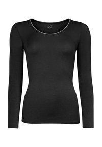 Langärmeliges schwarzes Oberteil aus weichem Stoff, mit rundem Ausschnitt und kontrastierendem Besatz sowie figurbetontem Schnitt.