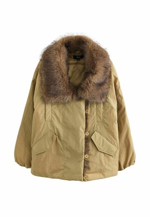Beige winter jacket with large brown faux fur collar, button closure, and flap pockets on front, displayed on a white background.