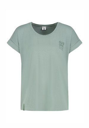 Light green short-sleeve T-shirt with rolled cuffs, round neckline, and small "Sub Level" text on the left chest area.