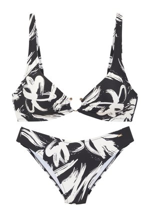 Black and white abstract floral print bikini set with triangle top featuring gold ring detail and matching low-rise bottoms.