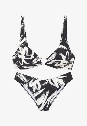 Schwarz-weißes, abstrakt florales Bikini-Set mit Triangel-Top, das eine goldene Ringdetail aufweist, und passenden Hüftslip.