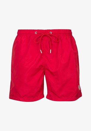 Rode zwemshorts van lichtgewicht materiaal met een elastische tailleband, gestrikt met een bijpassend trekkoord en met zijzakken.
