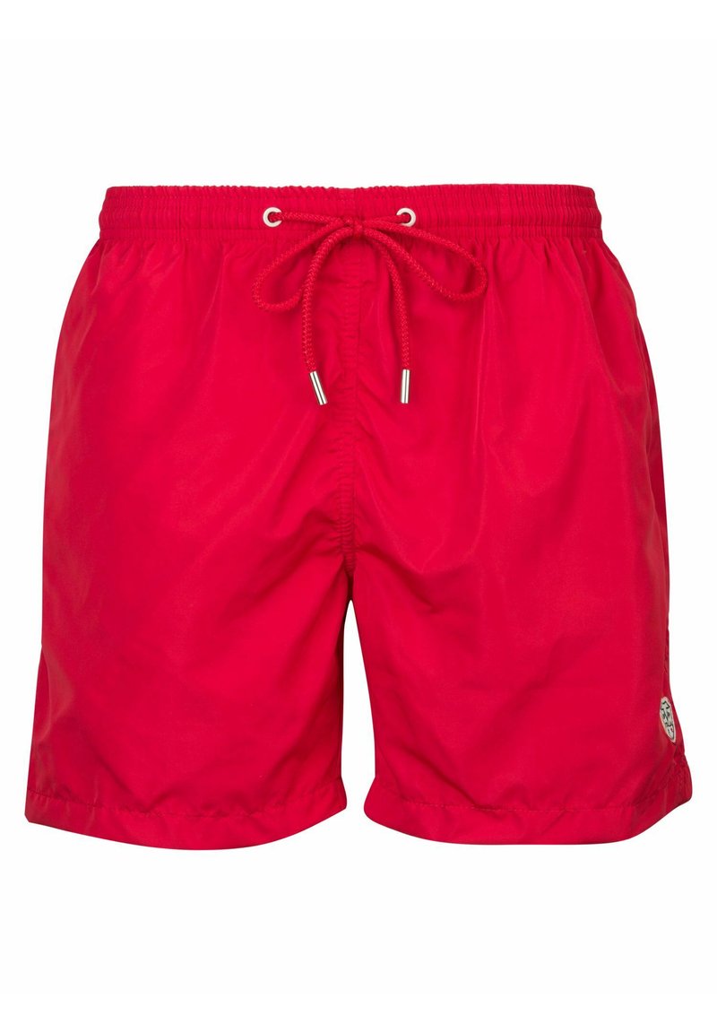 Rode zwemshorts van lichtgewicht materiaal met een elastische tailleband, gestrikt met een bijpassend trekkoord en met zijzakken.