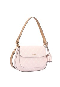 Light pink handbag with a textured pattern, curved shape, tan strap, and gold hardware. Features a tassel accent and logo on front.
