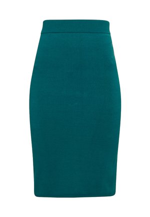 Vihreä, ribattua neulosta oleva kynänhame, jossa on tiukka malli ja elastinen vyötärö. Hameessa on sileä pinta ja keskipitkä leikkaus.