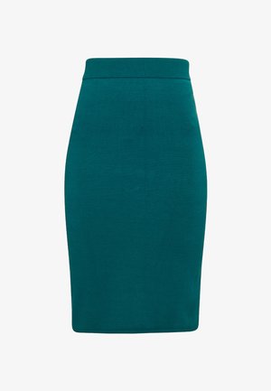 Tyrkysová, žebrovaná pletená tužková sukně s přiléhavým designem a elastickým pasem, vyznačující se hladkou texturou a střední délkou.