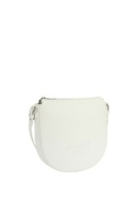 Biela kožená crossbody taška s okrúhlym tvarom, embosovaným logom, zipsom na uzatvorenie a nastaviteľným popruhom. Hladká textúra bez ďalších vzorov.